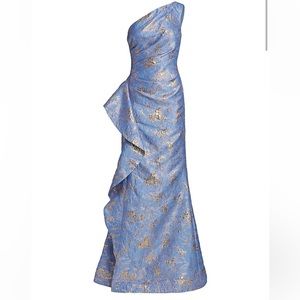 Teri Jon by Rickie Freeman Jacquard One-Shoulder Gown